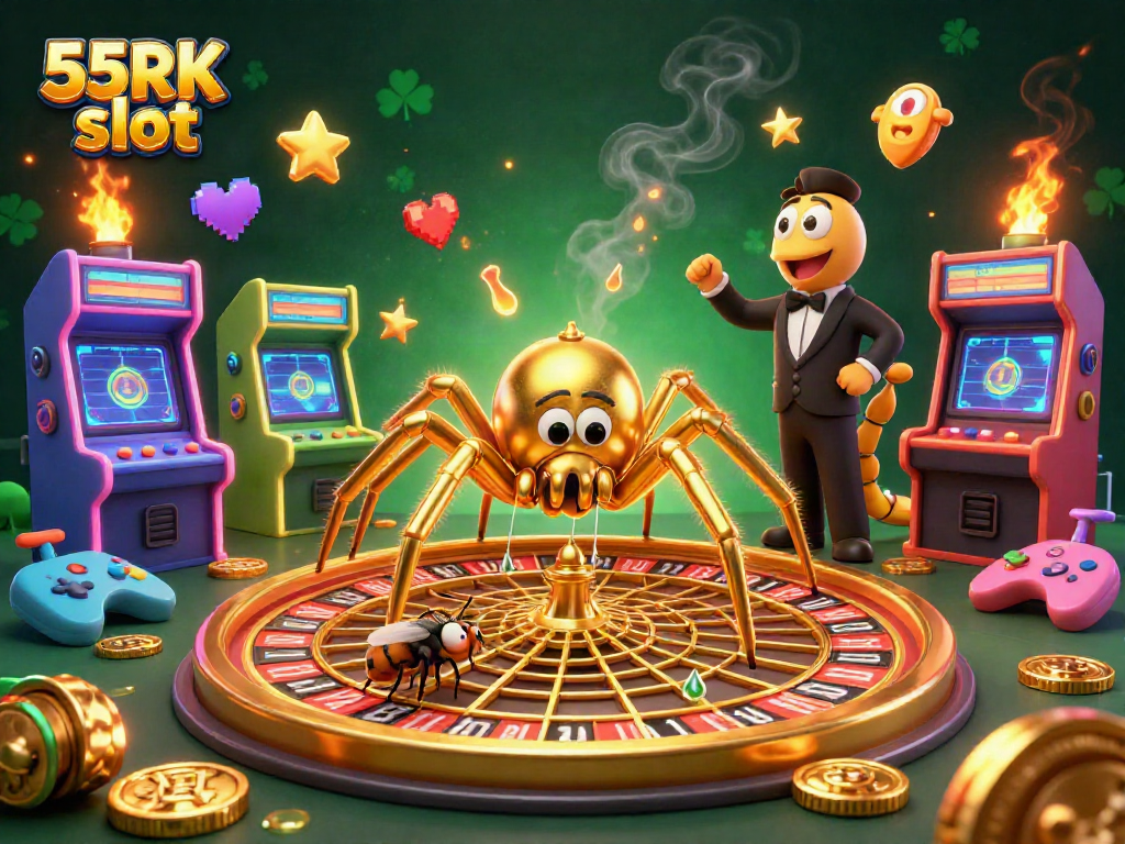 Engage with the excitement of 55RK slot as a golden spider spins a roulette wheel web in this vibrant casino scene.