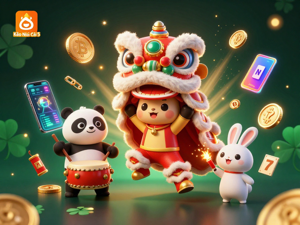 Kèo Nhà Cái 5 showcases a lively 3D illustration with a lion dance, a drumming panda, and vibrant casino elements.