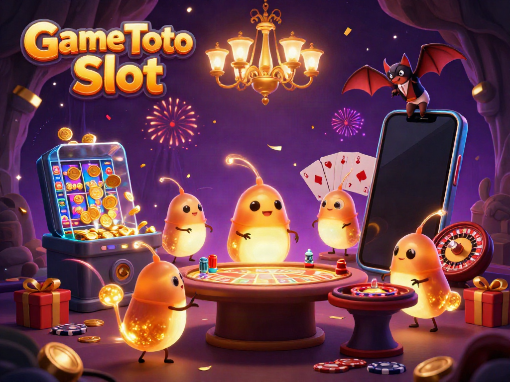 Game Toto Slot dan suasana kasino gua yang diterangi, pemenang koin dan kartu terlihat meriah.