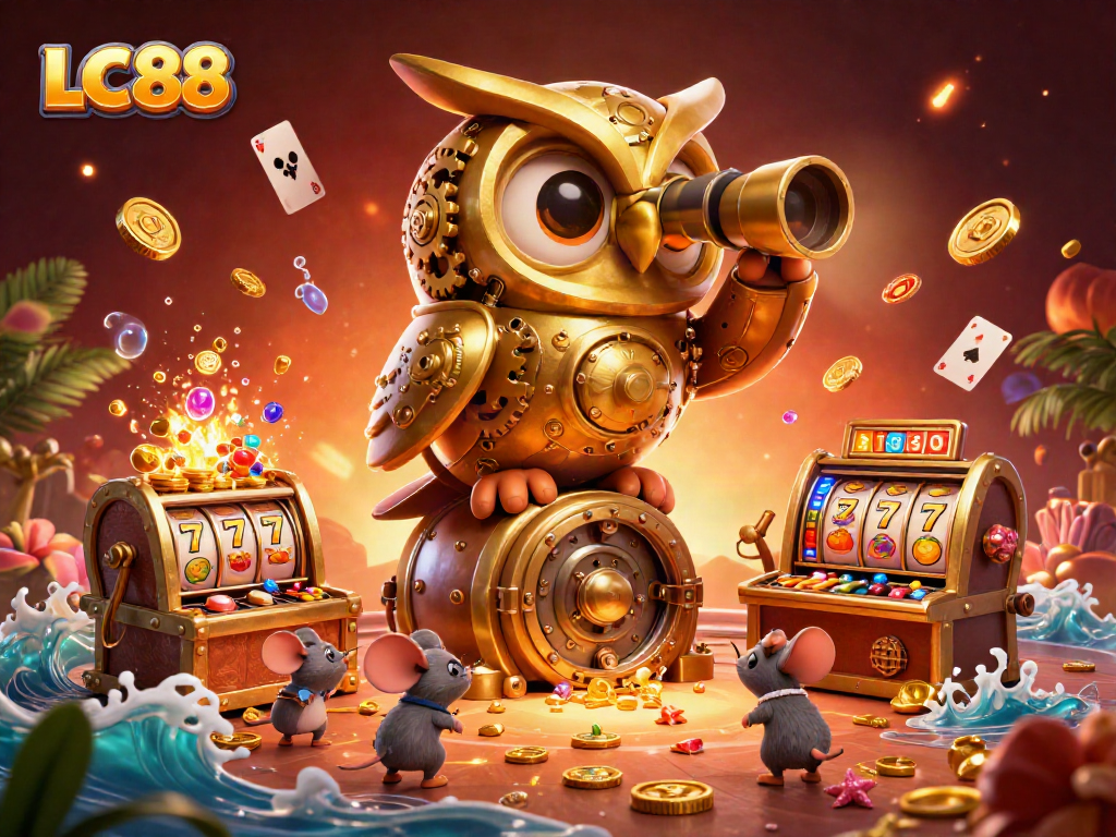 LC88 players explore a vibrant and rich casino scene filled with slot machines and treasure elements.