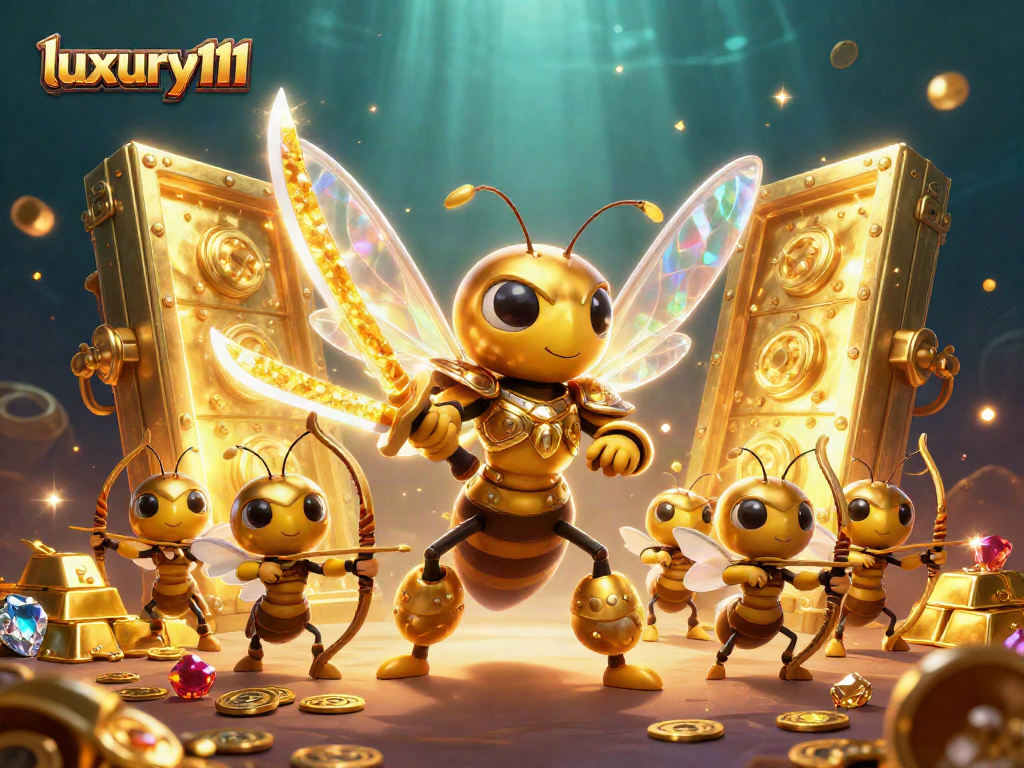 Engage with luxury111's vibrant 3D casino scene featuring a golden hornet and gemstones.