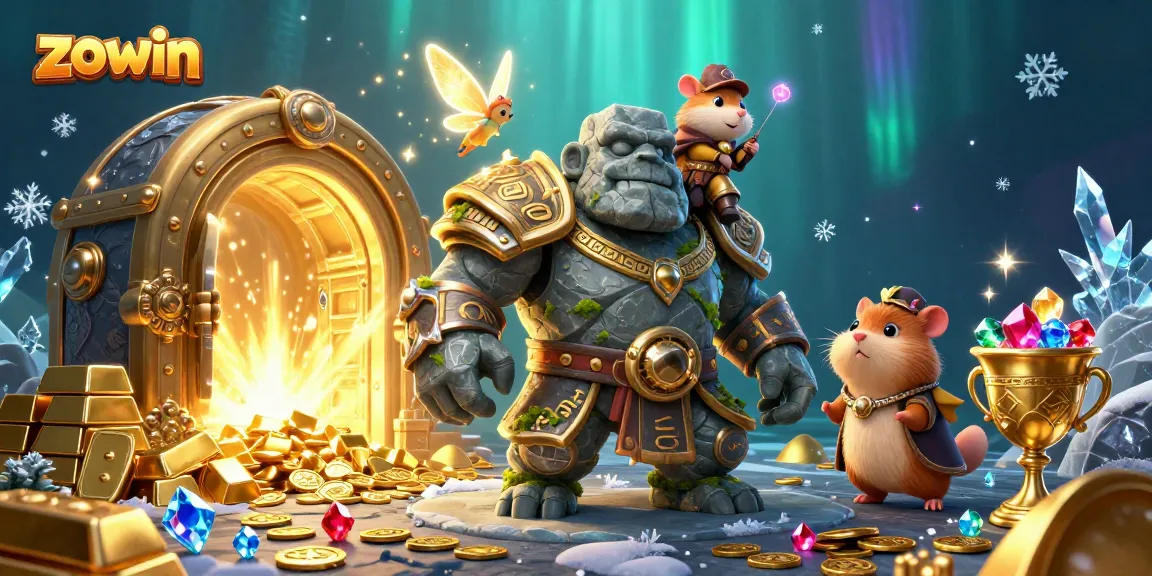 Zowin showcases a magical scene of a golem guardian with treasure and sparkling gems, enhancing casino excitement.