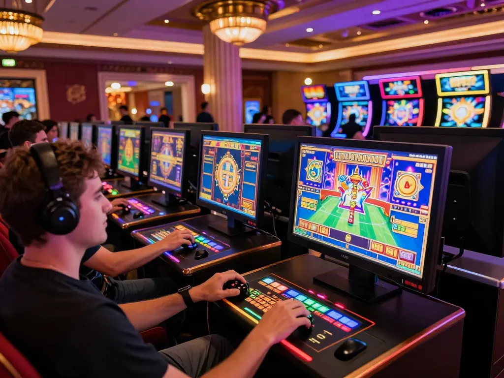 Players enjoying interactive slot game experience in a lively online casino setting