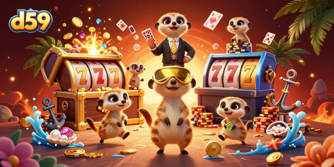 Play thrilling slots with d59 in this vibrant illustration featuring colorful meerkat casino characters.