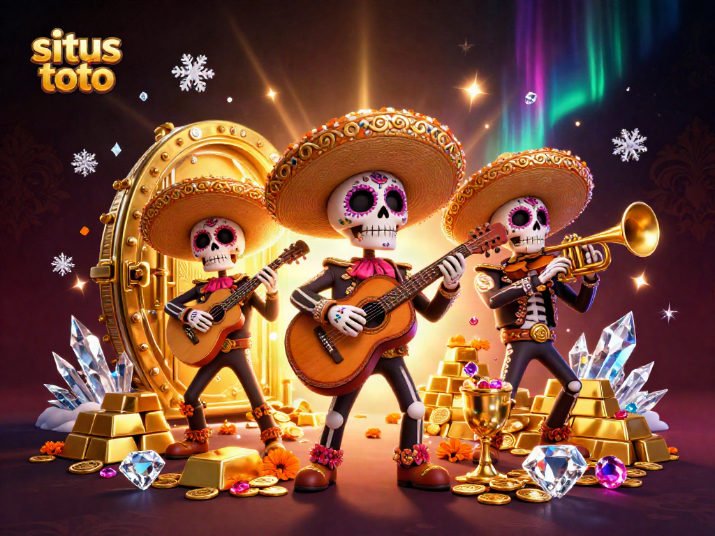 Experience situs toto gaming excitement with vibrant mariachi skeletons and dazzling treasures.