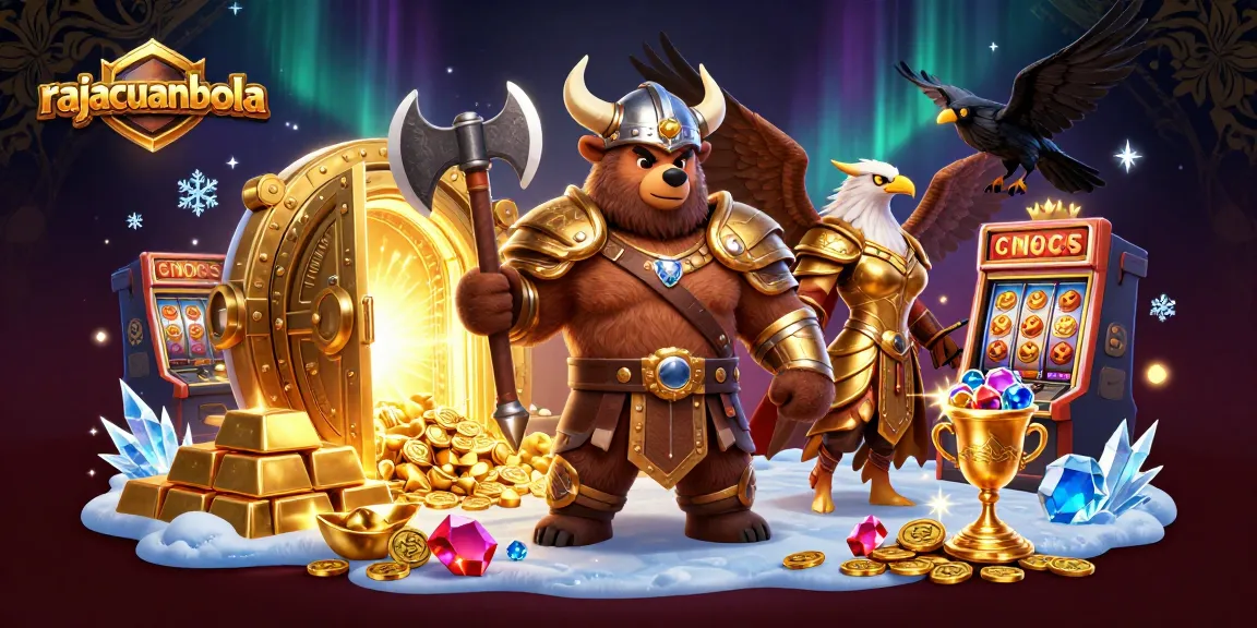 Spin to win with rajacuanbola's vibrant casino scene featuring a Viking and Valkyrie.