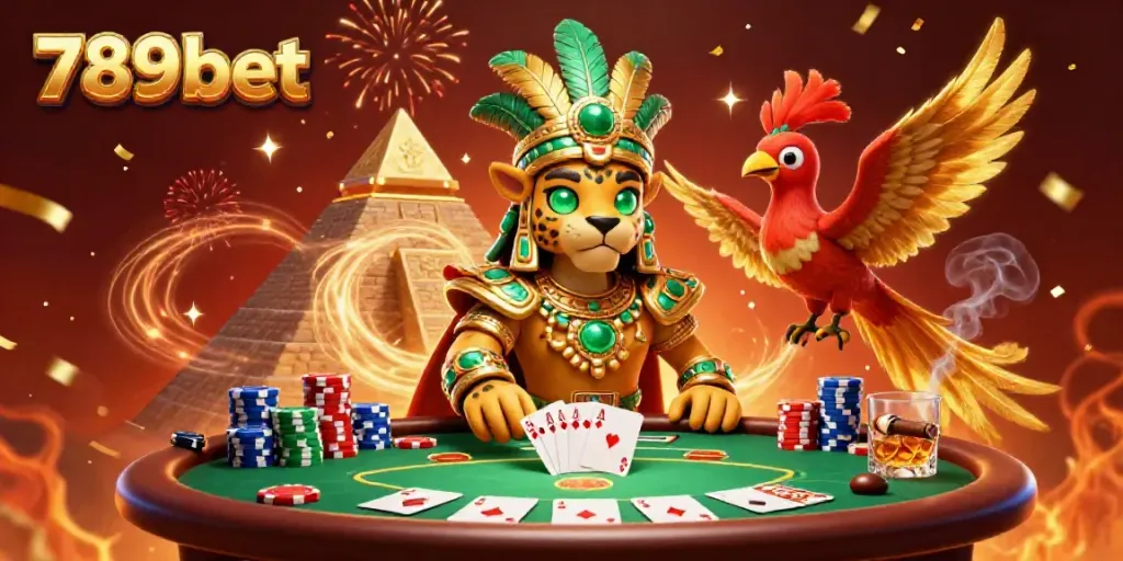 Experience the thrill of 789bet online gaming with an engaging casino scene featuring a Mayan jaguar priest and poker elements.
