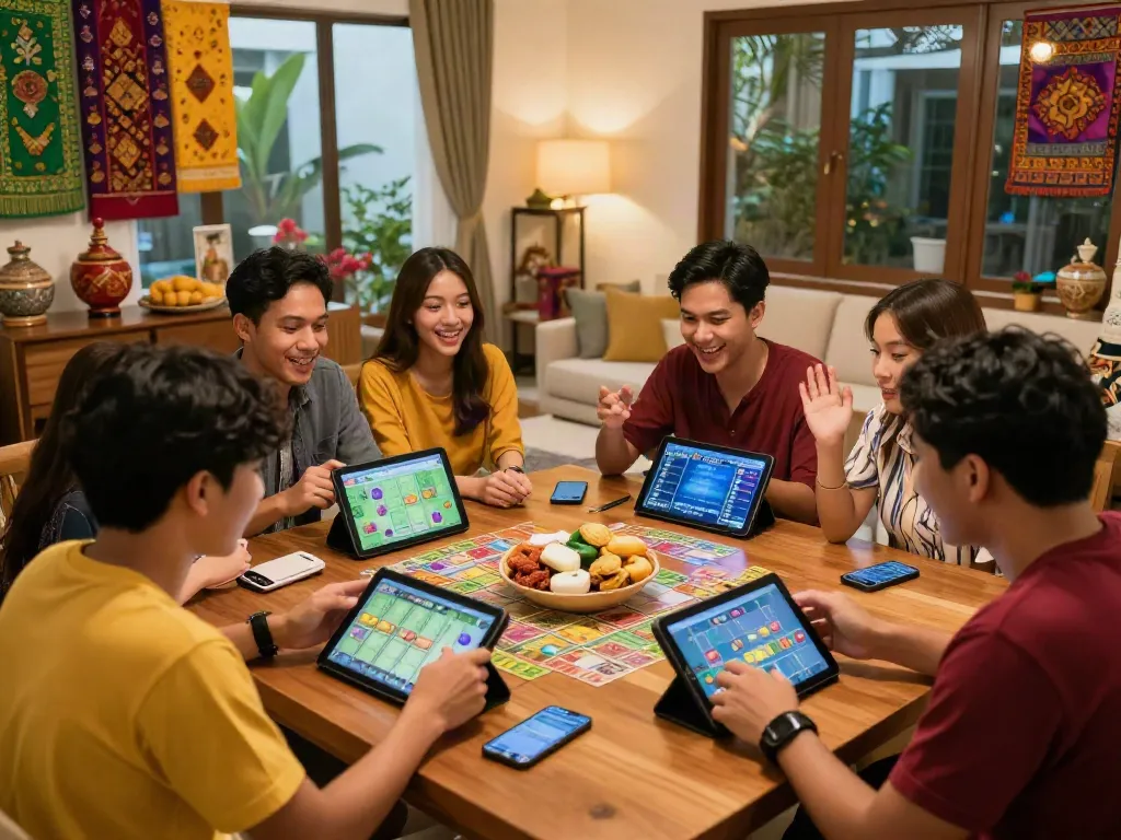 Nyonya 4D game night scene with friends enjoying snacks and strategy discussions in a colorful home.