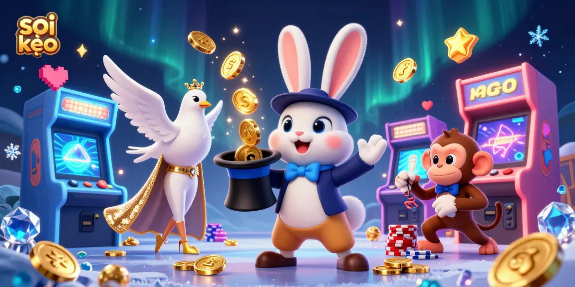 Engaging soi kèo scene depicting a magician rabbit and his assistant amidst exciting casino game visuals.