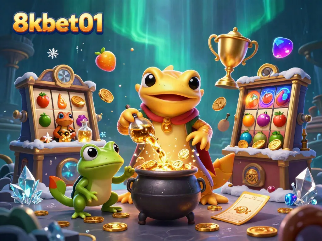 Experience thrilling slot action with 8kbet01 in a magical alchemist's lab, complete with rich golden details.