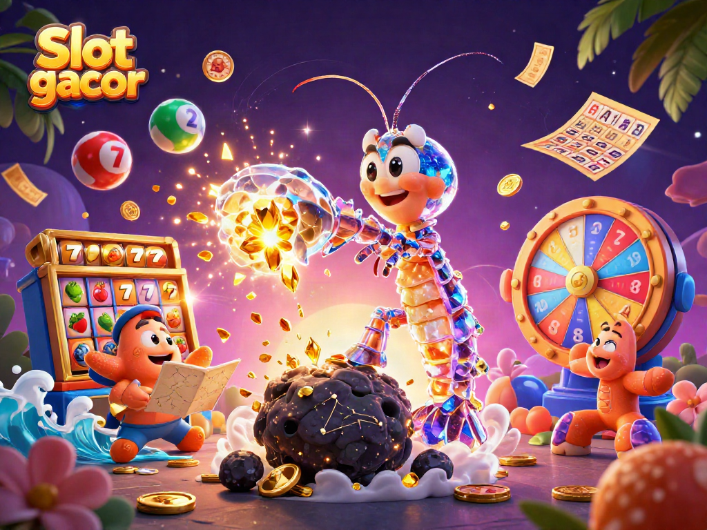 Slot gacor menunjukkan mantis udang yang mengalahkan asteroid dengan koin dan permata.