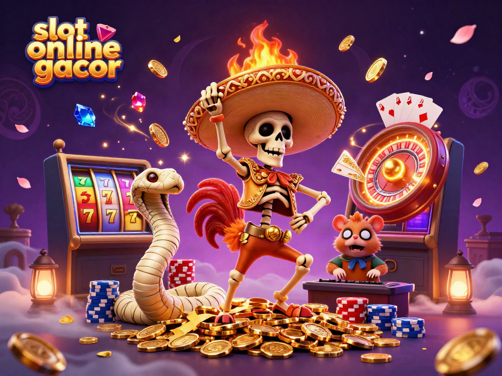 Gambar slot online gacor dengan karakter unik merayakan kemenangan di atas koin emas yang mengagumkan.