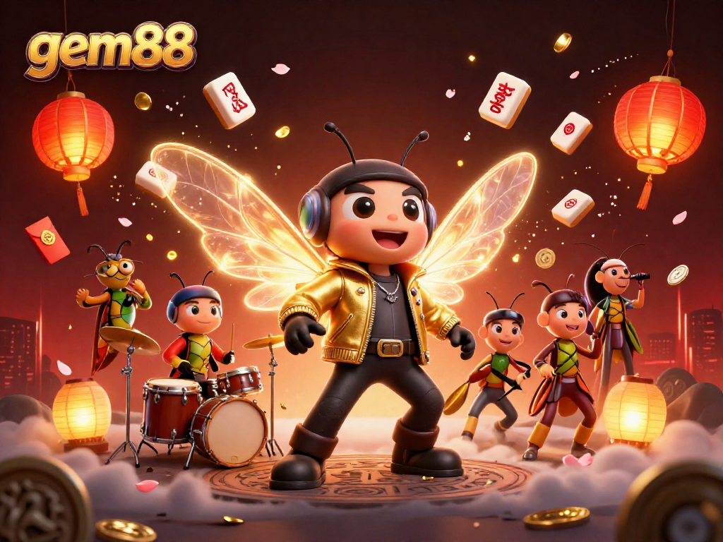 Engage with the vibrant gem88 casino scene featuring a cicada rock star, beetle drummer, and festive elements.