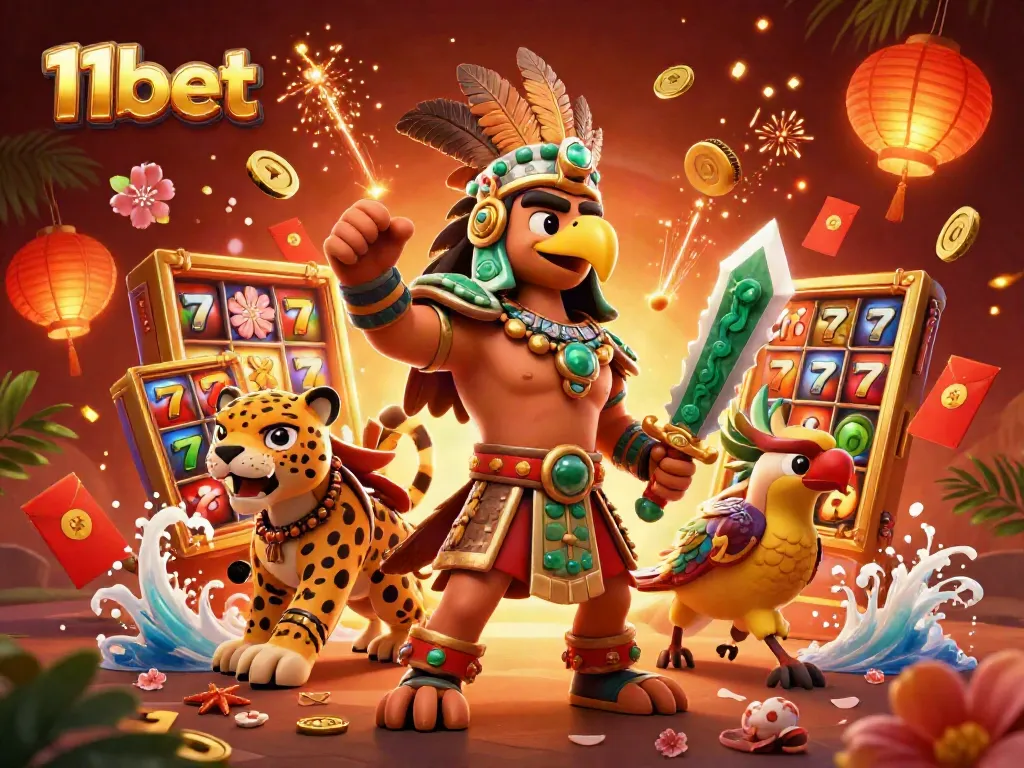 Engage with thrilling 11bet slots action featuring Aztec warriors and vibrant casino elements.