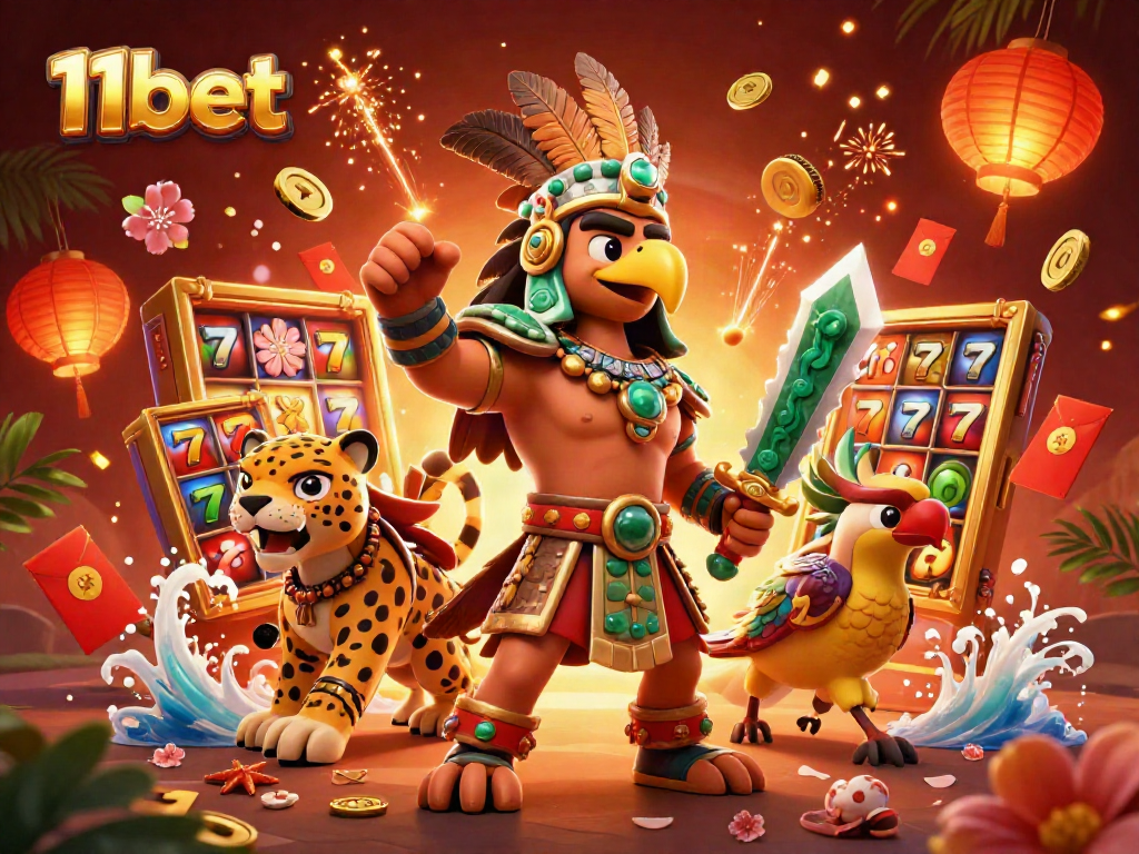 Engage with thrilling 11bet slots action featuring Aztec warriors and vibrant casino elements.