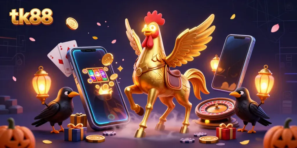 Experience thrilling wins with tk88 in an animated casino scene featuring a golden rooster and dynamic game elements.