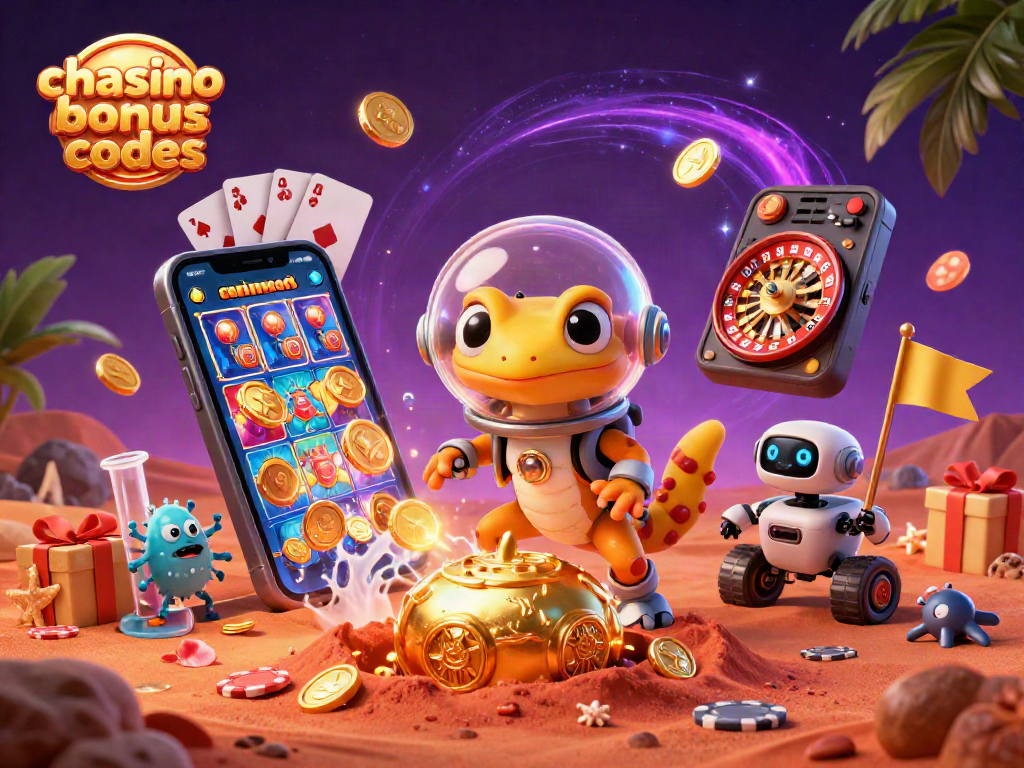 Chanced casino bonus codes display a Martian gecko uncovering a golden casino with slot games, showcasing free coins.