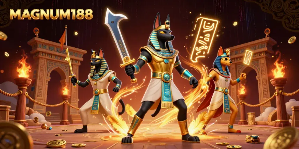 Play exciting games with MAGNUM188 featuring thrilling ancient Egyptian characters in a vibrant casino arena.