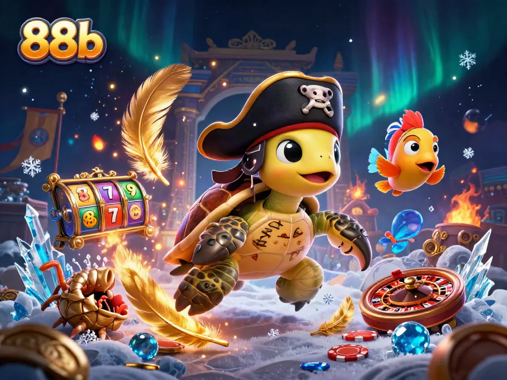 Engage with 88b through a vibrant 3D casino scene featuring pirate characters, slots, and dynamic elements.
