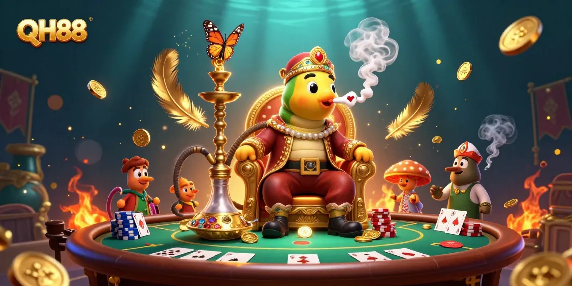 Experience exciting poker action with QH88 in a vibrant 3D casino illustration.