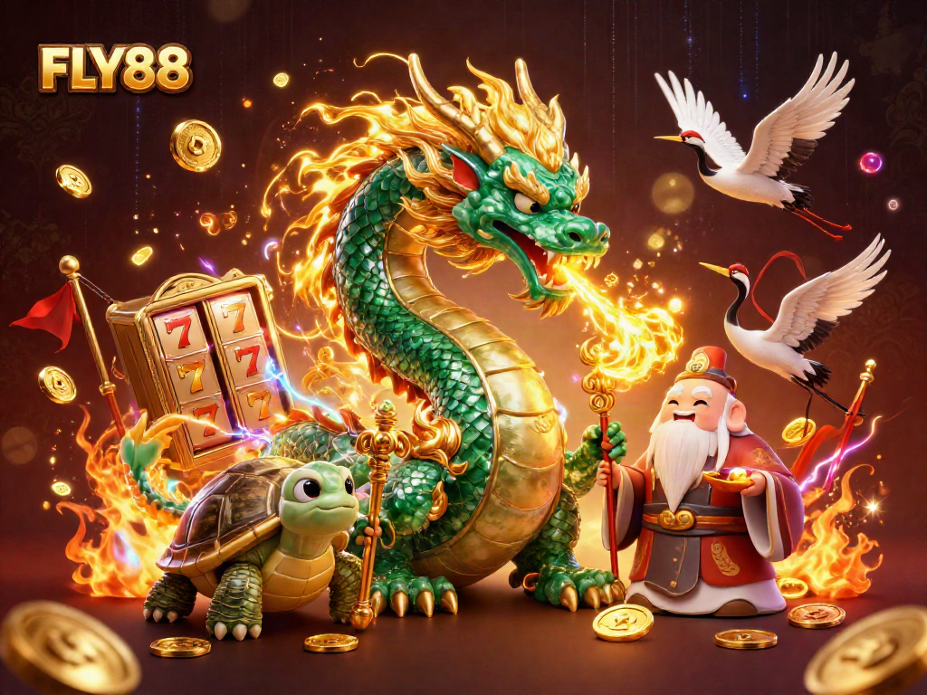 FLY88 captivates players with thrilling slot action amidst a vibrant 3D casino scene.