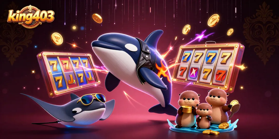 Experience thrilling jackpots with king403 in this dynamic casino-themed illustration featuring sea creatures.