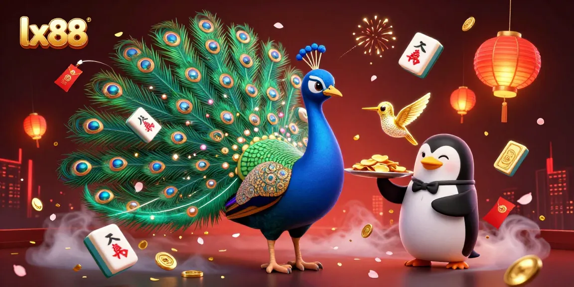 Experience exciting gameplay at lx88 with a vibrant scene of a peacock, chips, and festive elements.