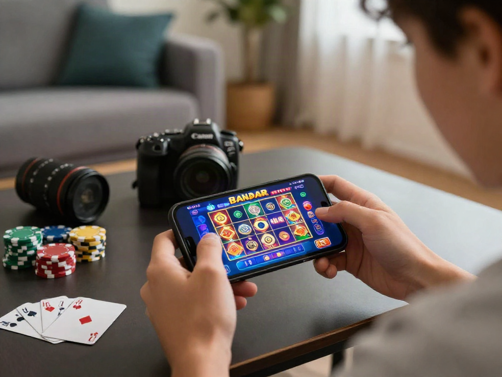 Engaging bandar slot gaming experience with vibrant visuals in a cozy living room.