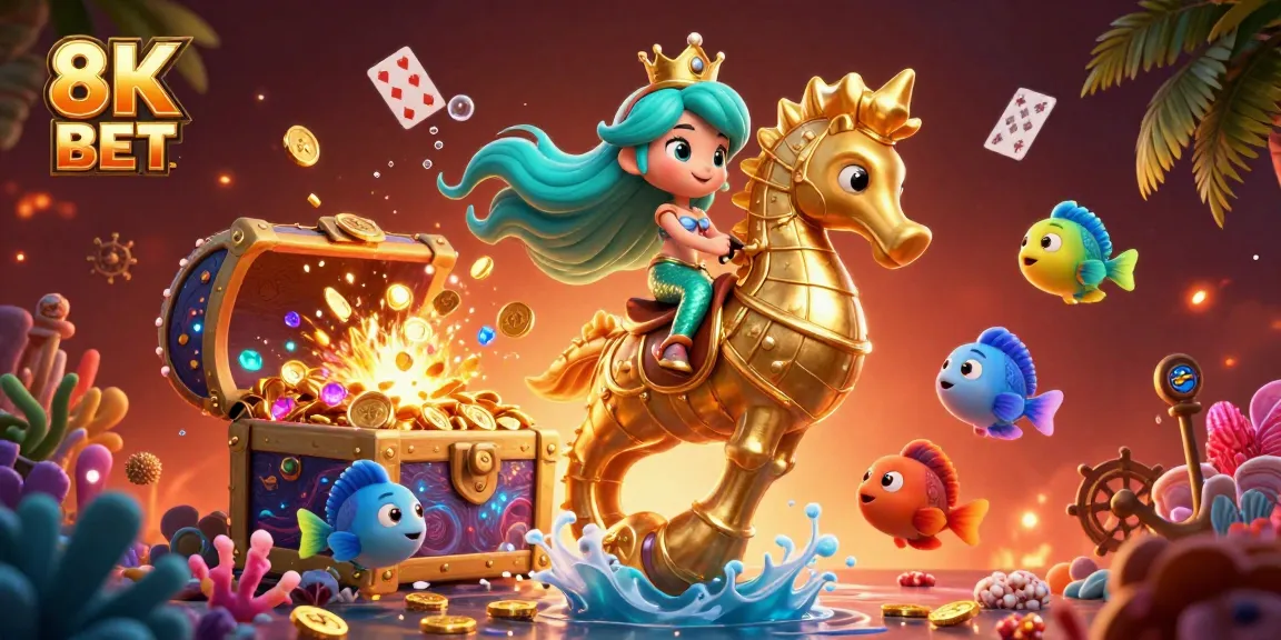 Play thrilling games like 8K BET amidst vibrant underwater characters and treasure in dynamic illustration