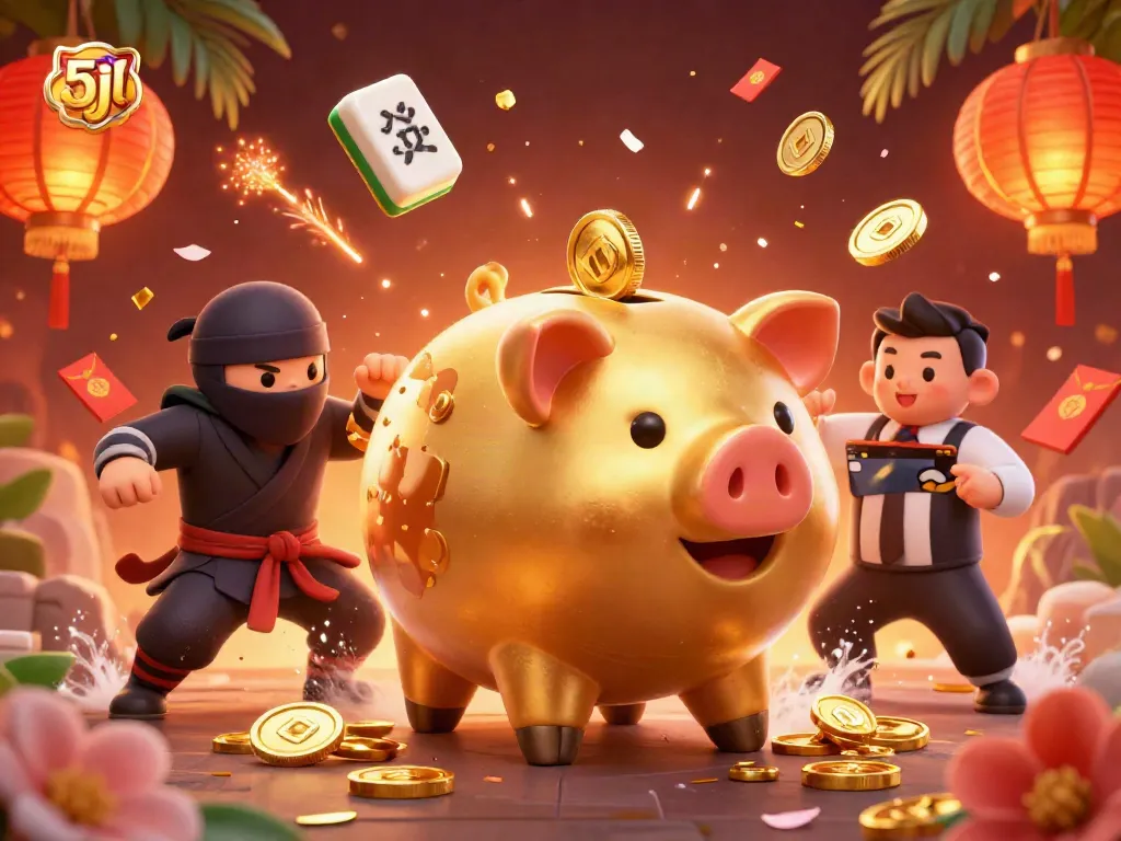 Experience the excitement of casino gaming with 5jl's vibrant scene featuring a golden piggy bank, a ninja, and samurai.