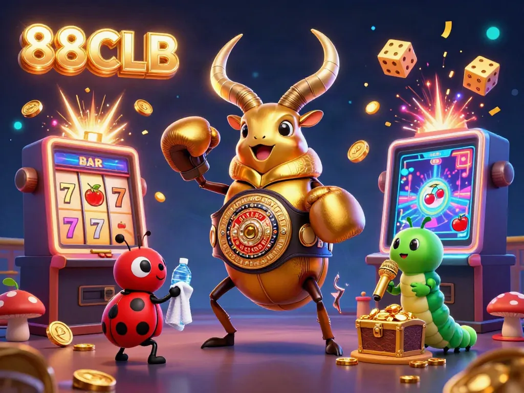 Experience the thrilling world of 88CLB with a colorful casino scene featuring a giant golden stag beetle and exciting game elements.