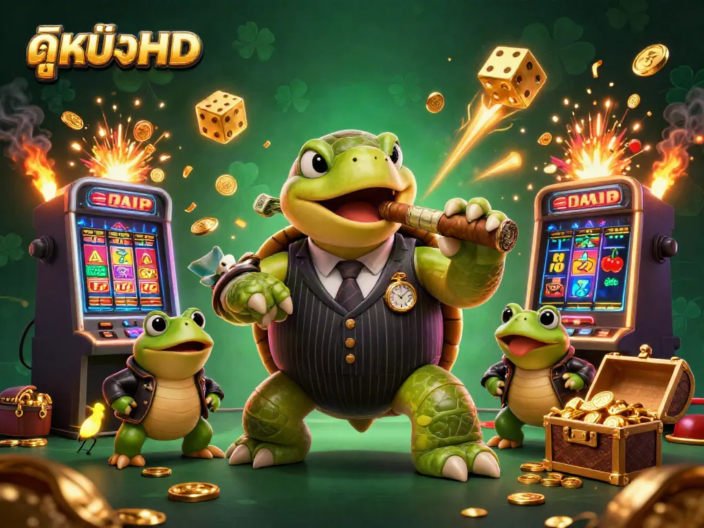 Engage in the excitement of ดูหนังHD with a rich and vibrant casino-themed illustration featuring a mobster turtle and frog enforcers.