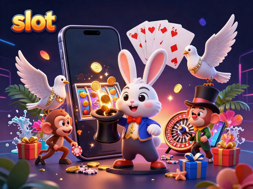 Experience the excitement of slot gaming with a dynamic scene featuring a magician rabbit and golden coins.