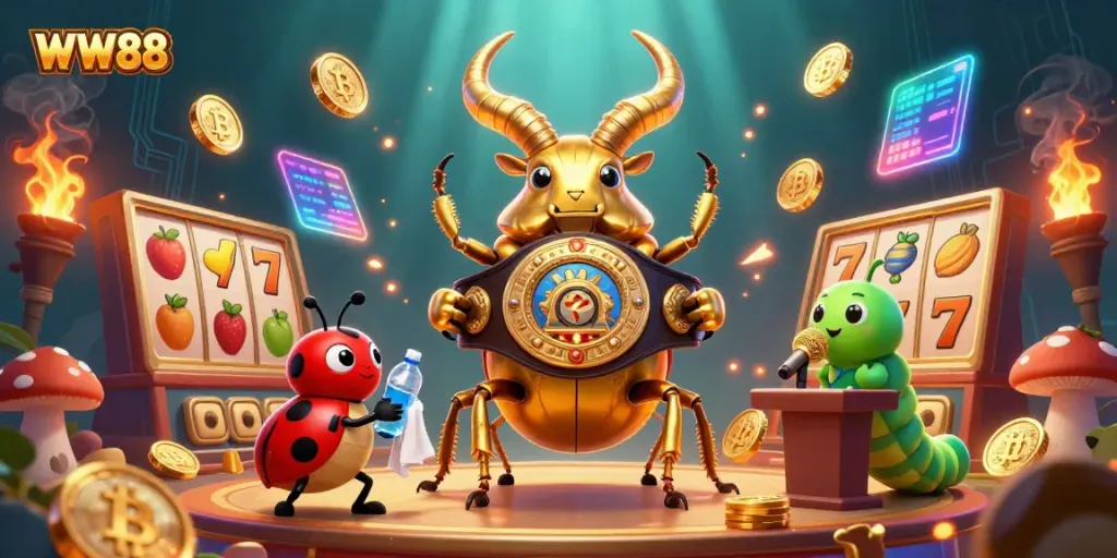Experience the excitement of WW88 with a vibrant 3D cartoon scene featuring gaming elements like slot reels, jackpot counters, and glowing cryptocurrency coins.