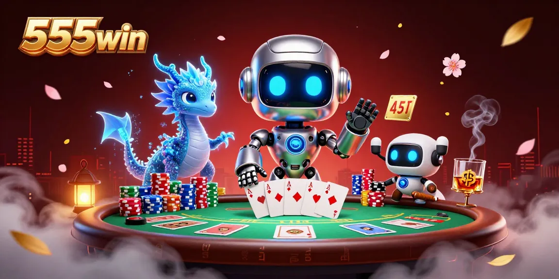 Engage with the digital charm of 555win as a cyberpunk robot mascot encounters a holographic companion in a vibrant casino.